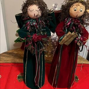 Festive Green and Red Angel Figurines